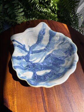 Vintage Studio Pottery Shell Bowl - Blue & White Drippy Glaze Trinket Dish